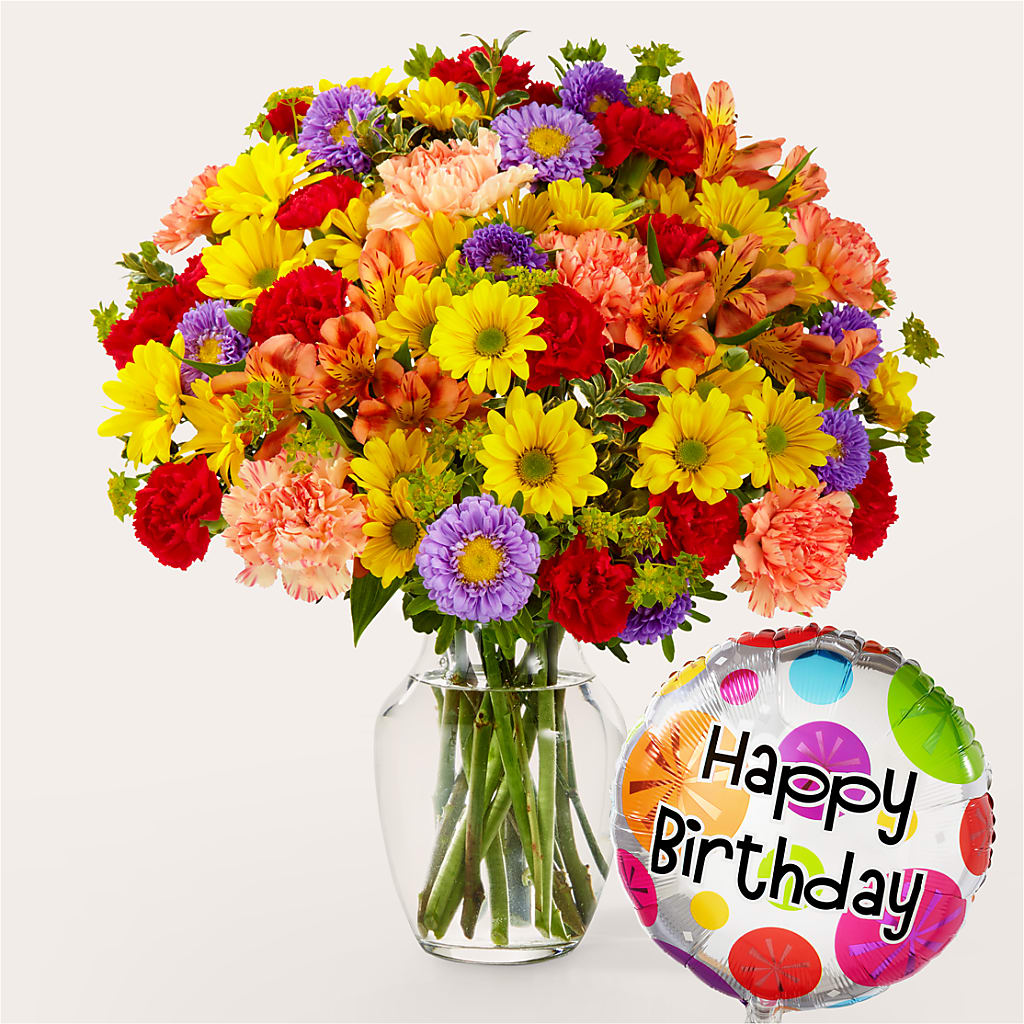 Kaleidoscope Bouquet with Birthday Balloon – New Life Flower And Gifts, Rincon GA