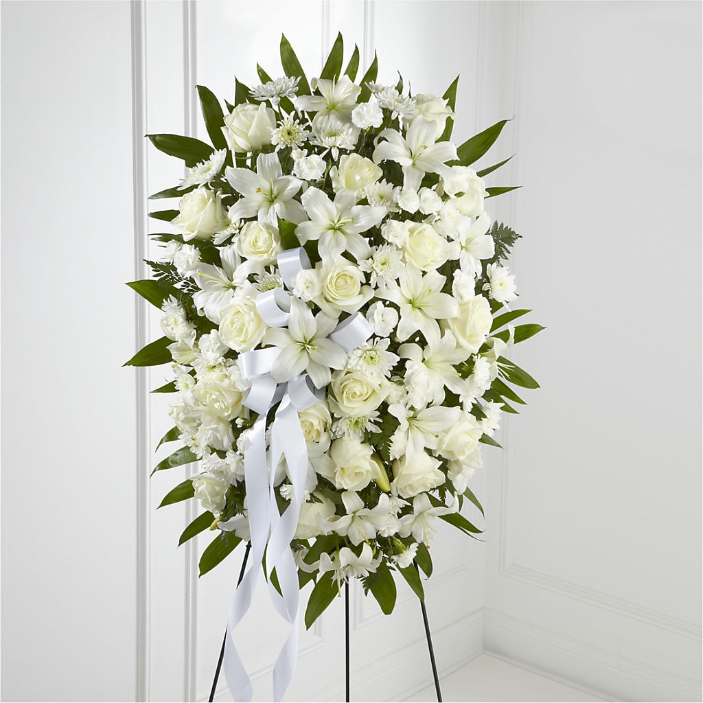 Exquisite Tribute Standing Spray-White Ribbon – New Life Flower And Gifts, Rincon GA