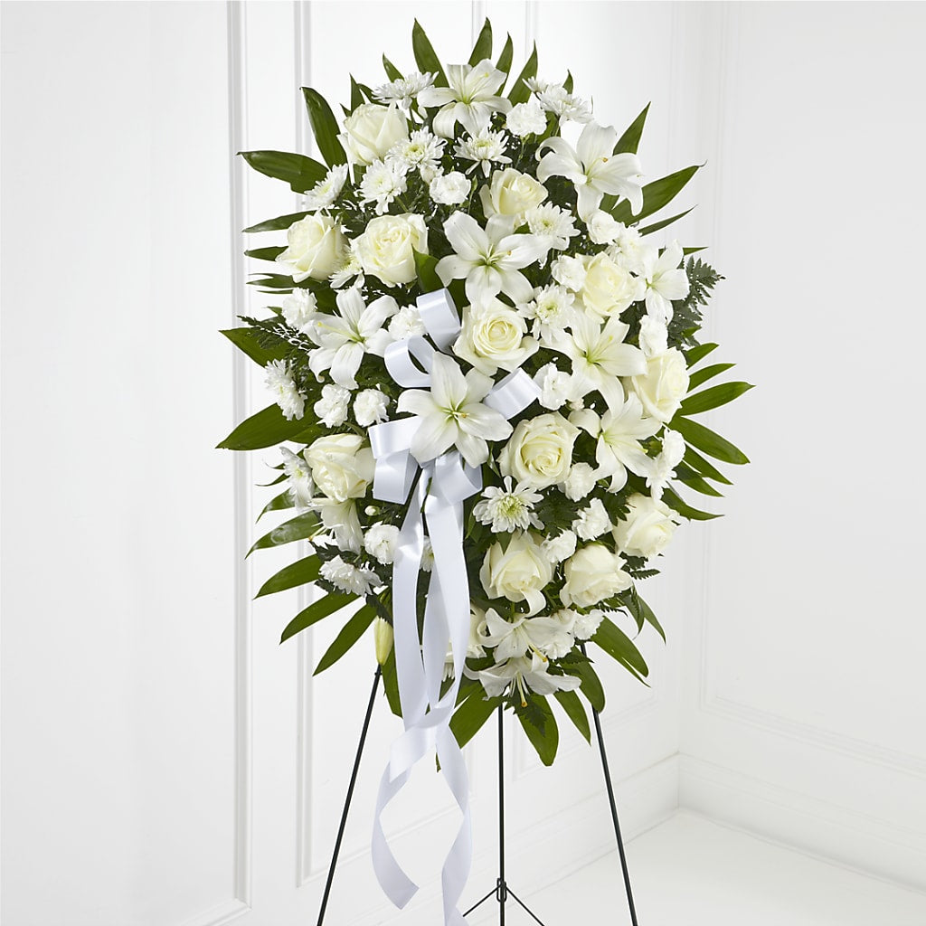 Exquisite Tribute Standing Spray-White Ribbon – New Life Flower And Gifts, Rincon GA